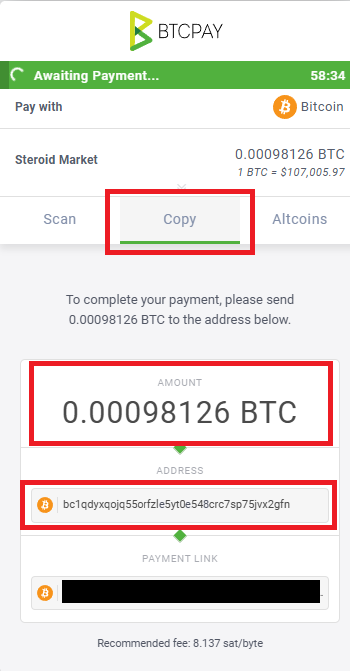 Example of Payment page. The BTC address is not real!